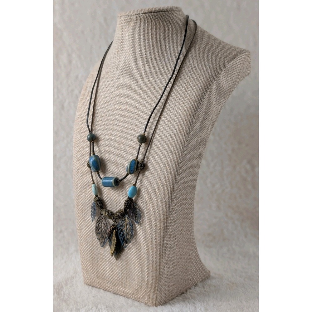 Boho Leaf Statement Necklace Faux Turquoise Ceramic Beads Cord Necklace